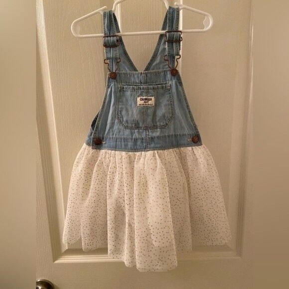 Oshkosh B'gosh Overall Dress Denim White Tulle Metallic Gold Polka Dots Size 4T - Picture 1 of 6